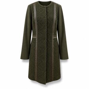 Tory Burch Olive Green Wool Coat Leather Trim Size S (6) Long Jacket Designer